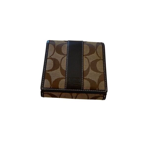 Coach Womens Brown Signature C Logo Leather Canvas Card Snap Bifold Wallet Small - Picture 1 of 10